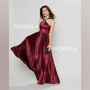 Sequin Hearts Red Pleated Halter Maxi Gown